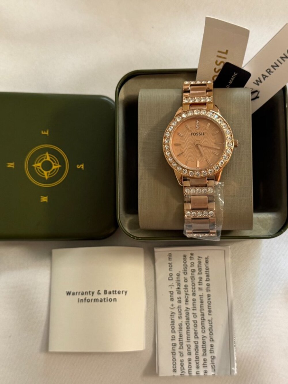 Fossil Jesse Rose Gold-Tone Crystal-Accented Stainless Steel Watch ES3020 NEW